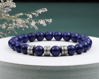 Bracelet perlé Lapis Lazuli personnalisé 3 noms bracelet de pierres précieuses bracelets de protection perlés pour hommes cadeau de Noël pour père mari