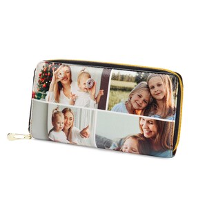 Cartera con cremallera personalizada para mujer, diseño de girasol con nombre, de cuero, larga, ideal como regalo de cumpleaños o para el Día de la Madre.