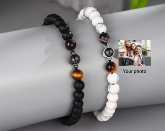 Bracelet personnalisé avec projection de photos • Bracelet de perles • Photo commémorative • Bracelet en pierre d'obsidienne • Bracelet pour couple • Bracelet pour homme