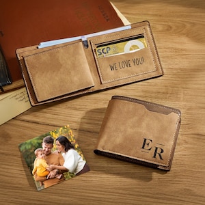 Portefeuille minimaliste à monogramme personnalisé pour lui, portefeuille en cuir mince pour homme avec photo gravée personnalisée, cadeaux d'anniversaire pour papa, cadeau de garçons d'honneur