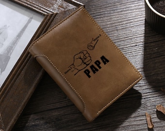 Papa Wallet Fist to Fist Custom Father and Kids Name,PU Leather Wallet for Men Personalized Gifts for Him,Dad,Husband,Father's Day Gift