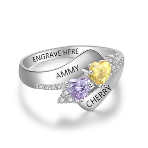 Promise Rings for Her Couple Ring for Lover Personalized 2 Heart Birthstones Free Engraving Custom Name Engagement Rings Gift Ideas