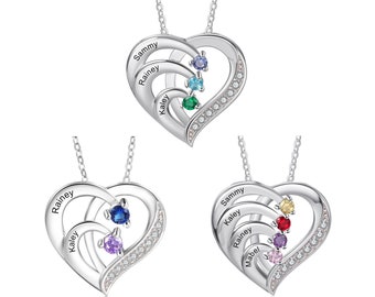 Personalized Hearts Necklace with 2-4 Birthstones Customized Engraved Couple Promise Necklace for Mom,Family Anniversary Jewelry for Grandma