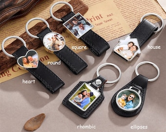 Personalized Father's Day Gift Leather Keychain Custom Photo Keychain Keyring Key Fob New Home Gift Housewarming Gifts for Him