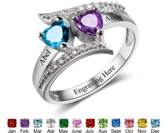 Personalized Custom 2 Birthstones Engagement Promise Ring For Her Engraved 2 names Couple Friendship Rings for Women