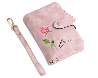 Cartera personalizada con flores de nacimiento para ella, cartera de muñeca personalizada para mujer con nombre, regalos de aniversario de memoria para mamá, esposa, regalo del día de la madre