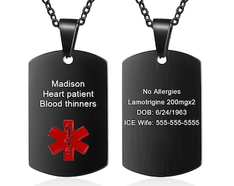 Custom Medical Alert Necklace for Men Women Stainless Steel Engraved Medical ID Tag Emergency Med Alert Necklace for Men Black Color