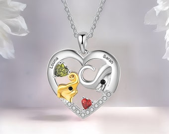 Personalized Elephant charm Heart Necklace with 2 Name and Birthstones - Family Jewelry,Mother's Day Gifts for Her