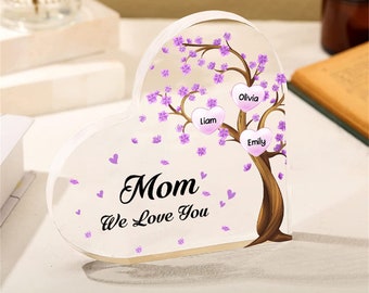 Personalisierte Acryl Herz Ornamente für Mama, benutzerdefinierte Namen von Familienmitgliedern Baum des Lebens Andenken Geschenke für sie, Geschenk zum Muttertag