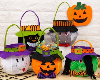 Embroidered Plush Treat Bag Black Cat Pumpkin Trick or Treat Bag Personalized Halloween Candy Basket Favors Handbag Gift for Boy Kids