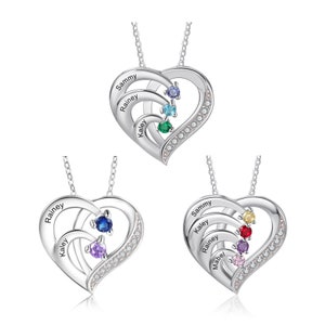 Personalized Hearts Necklace with 2-4 Birthstones Customized Engraved Couple Promise Necklace for Mom,Family Anniversary Jewelry for Grandma