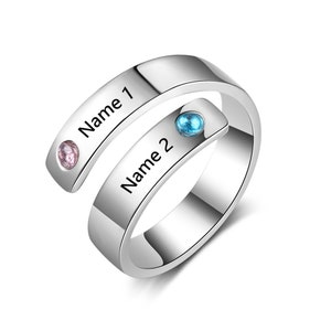 Anel ajustável espiral estilo minimalista personalizado com 2 nomes gravados com pedra de nascimento BFF, anel de compromisso para ela, ideias de presentes personalizados