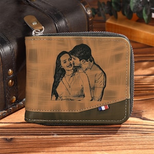 Presente personalizado para ele, foto personalizada e nome inicial, carteira masculina de couro com zíper redondo, aniversário, dia dos pais, presente de aniversário