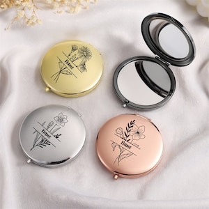 BirthMonth Flower Mirror Espejo compacto Espejo de bolsillo portátil Regalos para damas de honor Regalos personalizados para despedida de soltera Favores de fiesta de bodas
