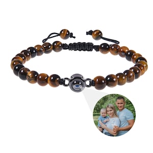 Pulsera con cuentas de piedra de ojo de tigre, pulsera de proyección de fotos personalizada, pulsera ajustable para hombres, joyería con dijes fotográficos para él y ella