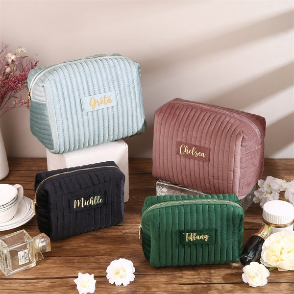 Borsa per il trucco personalizzata da damigella d'onore, borsa cosmetica in velluto personalizzata, borsa da toilette da viaggio, regalo per proposta di damigella d'onore, regalo di San Valentino per lei