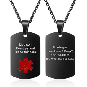 Custom Medical Alert Necklace for Men Women Stainless Steel Engraved Medical ID Tag Emergency Med Alert Necklace for Men Black Color