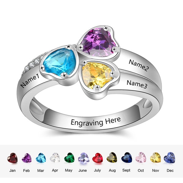 Custom Gifts for Mom Personalized Mothers Rings with 3 Birthstones Family Name Rings for Grandmother Mother Daughter 925 Sterling Silver