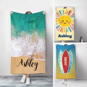 Customized Towel, Beach Towels with your name, Pool Towel, Family Vacation Gift, Personalized Kids Birthday Gift, Surfboard, Ocean Waves