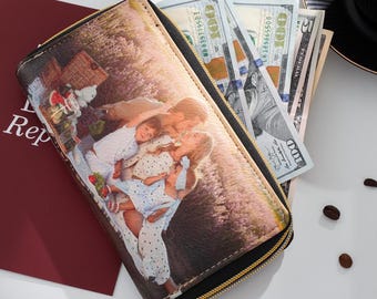 Personalized 2 Picture Wallets for Women, Color Photo Printing Leather Long Wallet, Zipper Wallet Birthday Gifts for Her, Mothers Day Gift