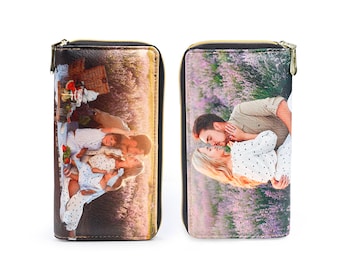 Cartera personalizada con 2 fotos coloridas, impresión en color, Cartera de cuero de PU, imagen, cartera con cremallera larga, regalos para mujeres, regalo del Día de la Madre