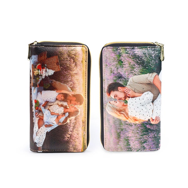 Personalized 2 Colorful Photo Wallet Picture Colour Printing PU Leather Wallet Image Long Zipper Wallet Gifts for Women Mothers Day Gift