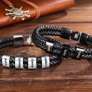 Aangepaste gegraveerde 1-8 namen kraal gevlochten lederen heren armbanden, gepersonaliseerde geschenken voor hem ID Bangle armband voor man vaderdagcadeaus
