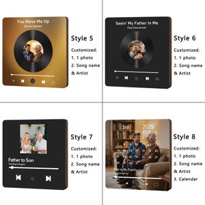 May include: Four square wooden plaques with a music player interface design. Each plaque features a photo, song title, and artist name. Styles include gold, black, and a calendar design for 2025. Customizable with a photo, song name, and artist.
