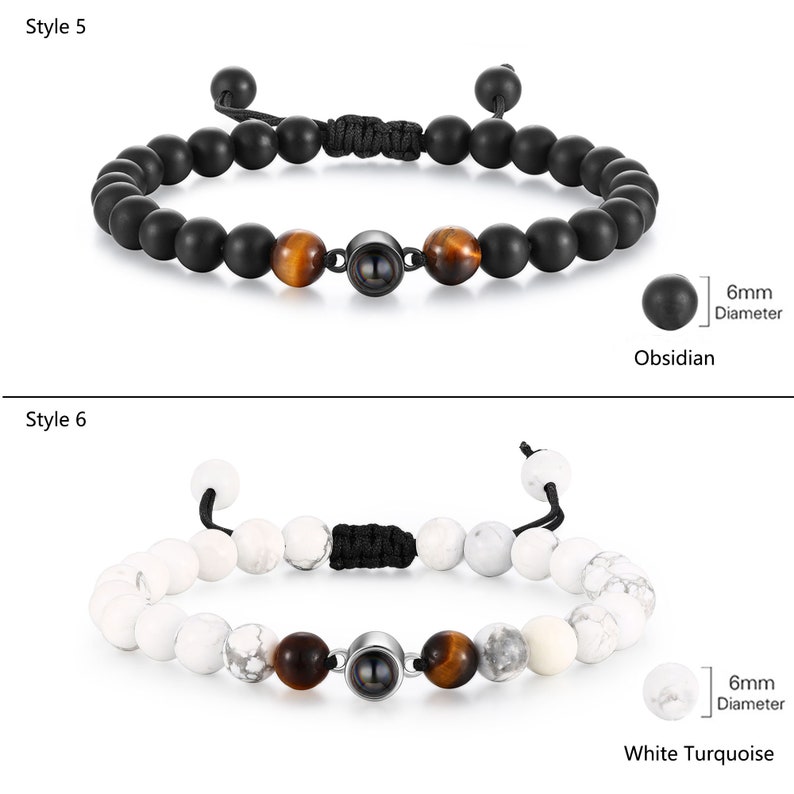 Pu&ograve; includere: Due stili di braccialetti con perline, con un cordoncino nero e un ciondolo d'argento. Lo stile 5 presenta perline di ossidiana nera e lo stile 6 presenta perline di turchese bianco. Entrambi gli stili includono perline di occhio di tigre e un ciondolo di 6 mm di diametro.