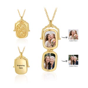 May include: Gold-colored locket necklace with a chain. The locket opens to reveal two photo compartments. One side of the locket has an engraved floral design, and the other side has the text "Engraving Here". The necklace is shown with two custom photos.