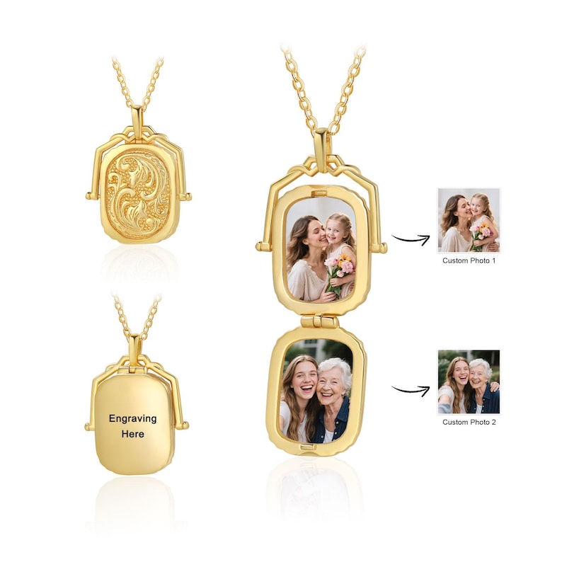 May include: Gold-colored locket necklace with a chain. The locket opens to reveal two photo compartments. One side of the locket has an engraved floral design, and the other side has the text "Engraving Here". The necklace is shown with two custom photos.