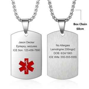 Collier d'alerte médicale personnalisé pour homme, femme, étiquette d'identification médicale gravée en acier inoxydable, collier d'alerte médicale d'urgence pour homme Box Chain 60cm