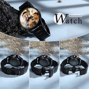 May include: Black personalized watch with a photo on the face. The watch has a black band and a round face. The photo on the watch face shows a man and a child. The text "LOVE YOU DAD" and "MICHAEL" are also on the watch face. The word "Watch" is also in the image.