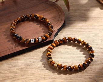 Custom 1-5 Name Tiger&#39;s Eye Stone Bead Bracelet for Men, Personalized Gifts Engraved Name Plate Bangle Bracelet for Men, Fathers Day Gift