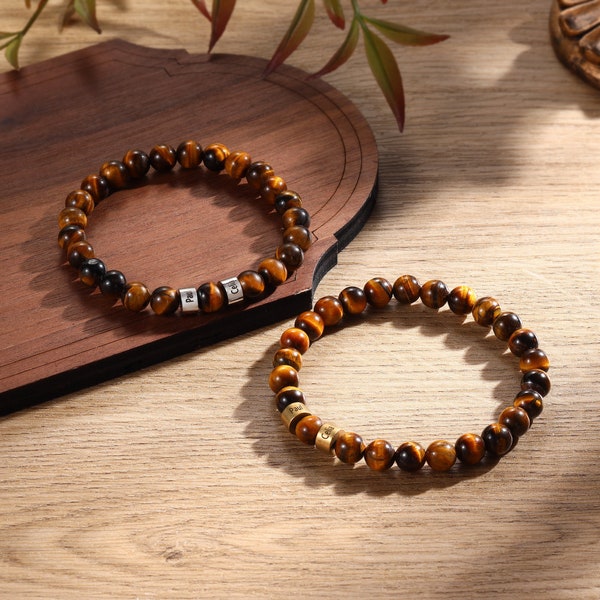 Custom 1-5 Name Tiger's Eye Stone Bead Bracelet for Men, Personalized Gifts Engraved Name Plate Bangle Bracelet for Men, Fathers Day Gift