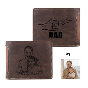 Personalized Photo Mens Wallet, Dads Team Fist Bump with Kids Name Leather Wallet, Custom Picture Wallet Gifts for Him, Father's Day Gift