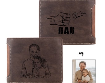 Personalized Photo Mens Wallet, Dads Team Fist Bump with Kids Name Leather Wallet, Custom Picture Wallet Gifts for Him, Father's Day Gift
