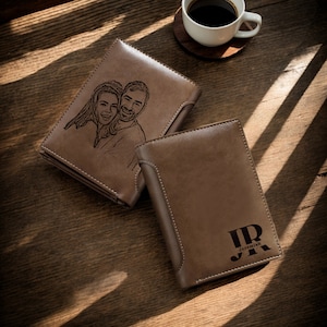 Personalisierte Anfangsname-Geldbörse für ihn, individuell gravierte monogrammierte & Foto Herren schmale Ledermappe, Jubiläumsgeschenke für Freund