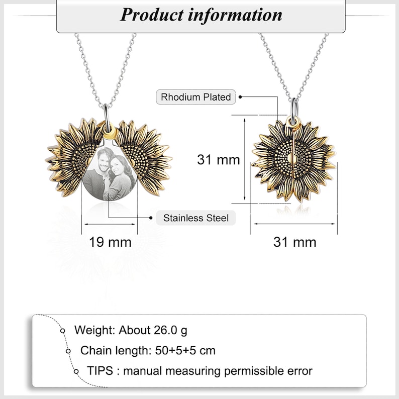 Pu&ograve; includere: Una collana con ciondolo a forma di girasole in acciaio inossidabile placcato rodio. Il ciondolo misura 3,1 cm di diametro e contiene una foto. La lunghezza della catena &egrave; di 50+5+5 cm. Informazioni sul prodotto in alto.