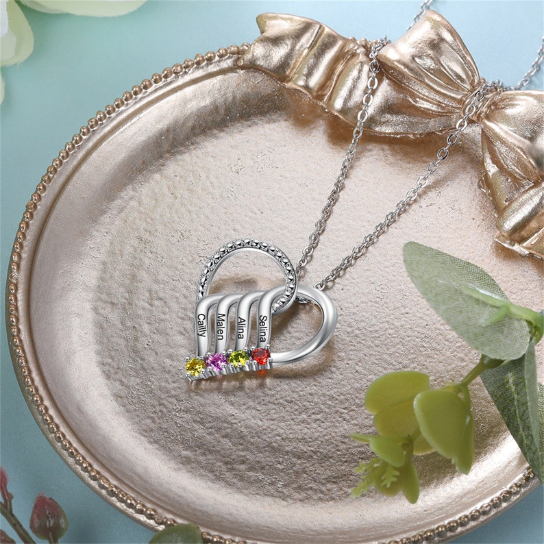 Personalized Family Heart Pendant Necklace with 2-6 Birthstones Name Necklace