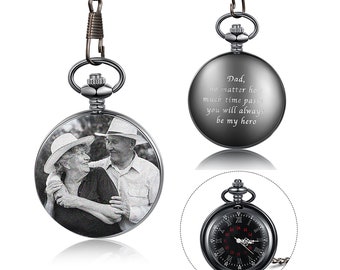 Custom Photo Pocket Watch with Chain, Picture Engraved Pocket Watch for Men, Personalized Memorial Gift, Best Man Gift, Father's Day Gift