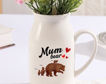 Personalized Customized Kids Name Vase, Bear Pattern Ceramic Flower Vase Home Accents Gifts for Mom, Mother's Day Gift