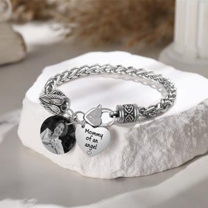 Pulsera personalizada con foto para mamá, dije de corazón "Mamá de un ángel", pulsera vintage de acero inoxidable para mujer, regalo para el Día de la Madre