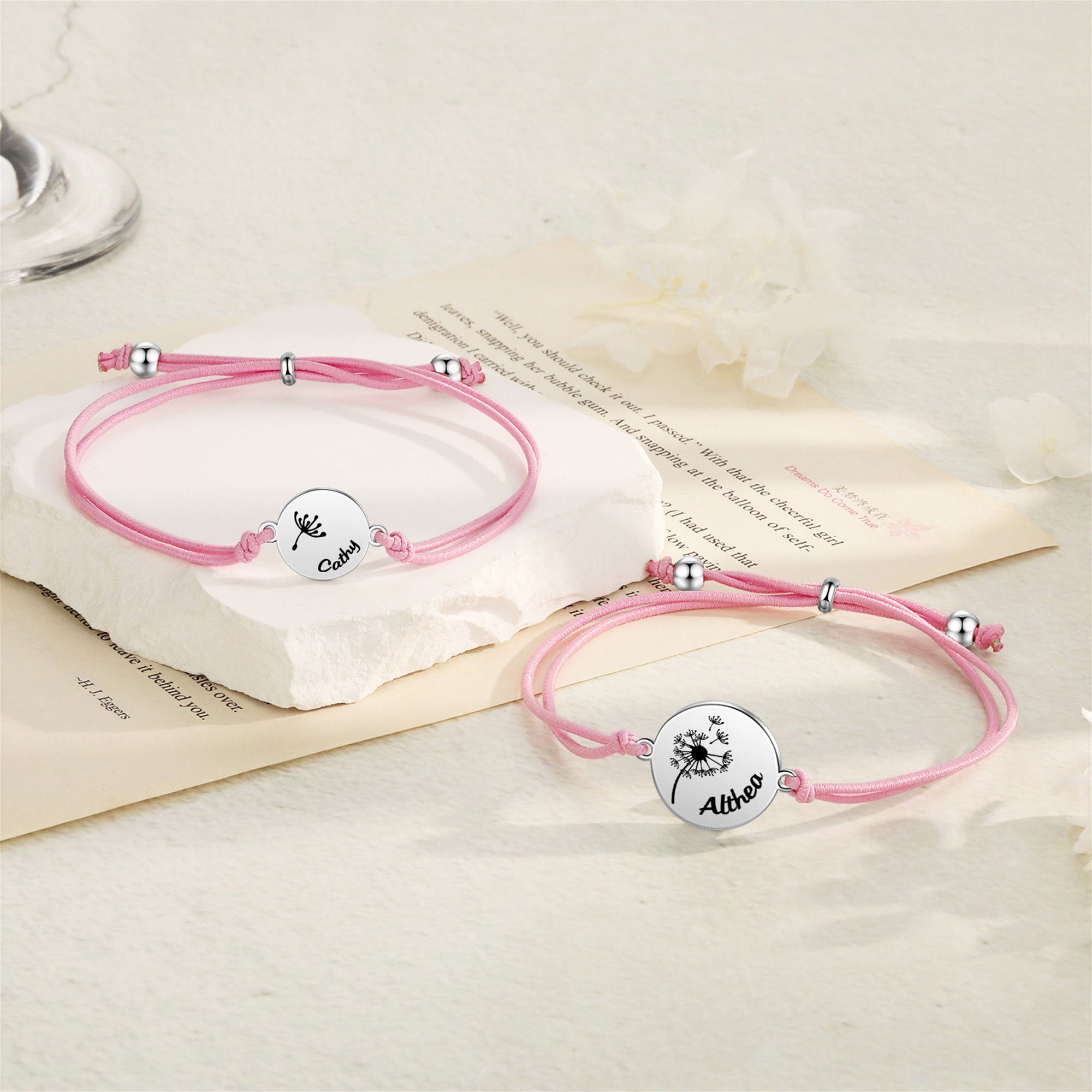 Custom Mother Daughter Bracelet Set, Dandelion Print with Name Engraved Matching Bracelets, 1st Day of School, Back to School Gifts for Girl