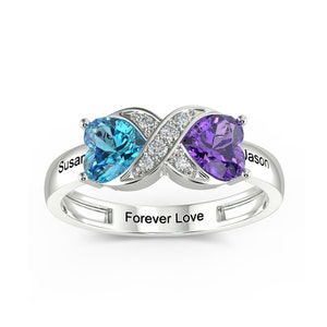 Promise Rings for Her Personalized Infinity Rings for Women with 2 Heart Birthstones Free Engraving Custom Name Engagement Rings for Mom
