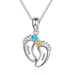 Colar personalizado de pés de bebê para ela, nome personalizado e colar de promessa de pedra de aniversário, presentes para esposa, presente de dia das mães, novo presente de mãe