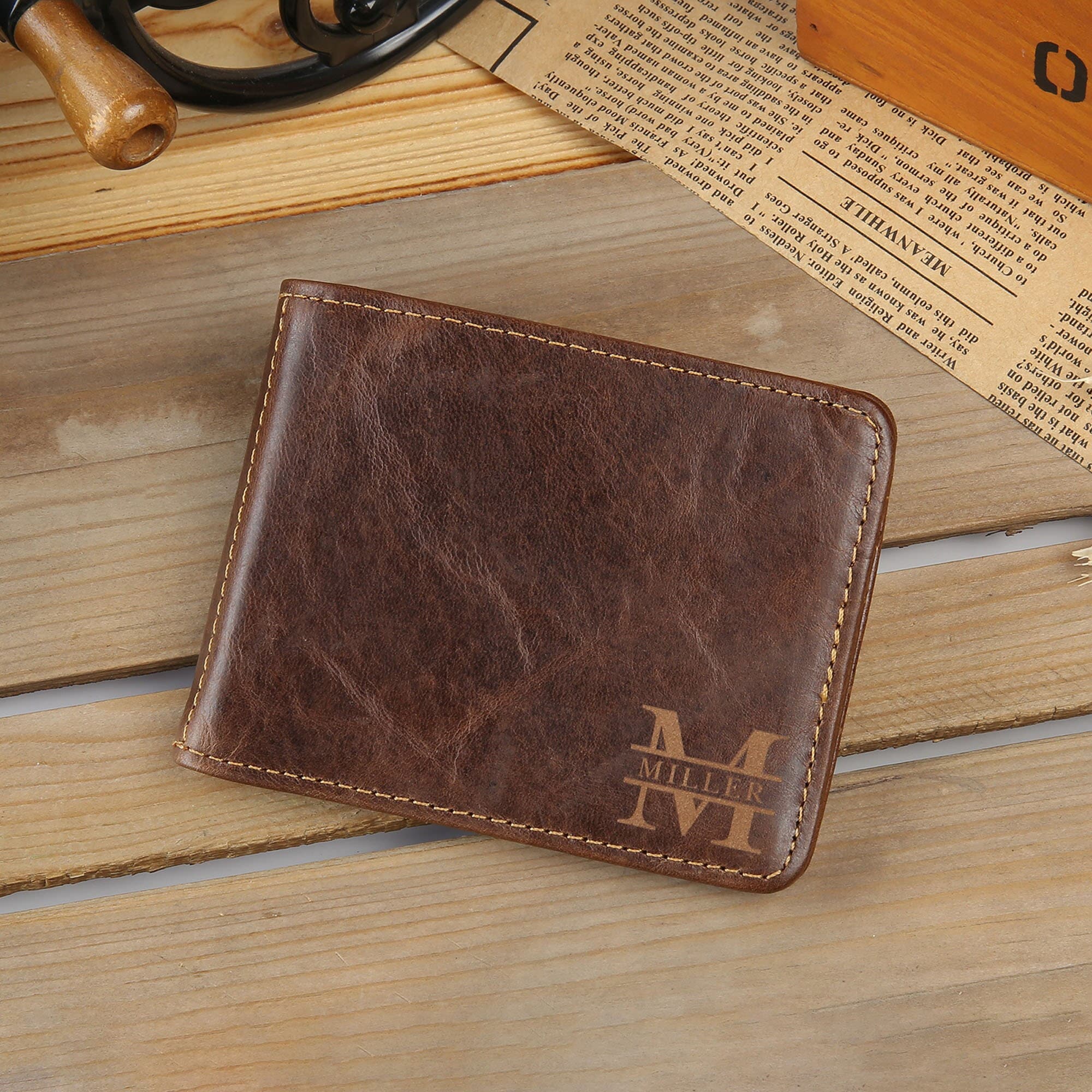 Nobelook Personalized Leather Wallet For Men - Custom Engraved Name/Photo, Vertical Bifold With Zipper
