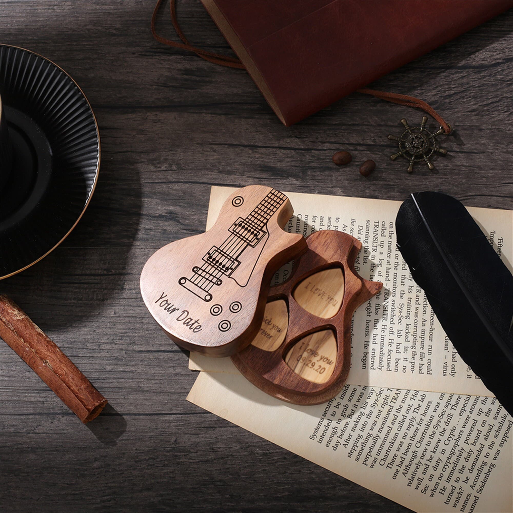 Custom 3 piece Wooden Guitar Picks With Guitar Case Holder guitar