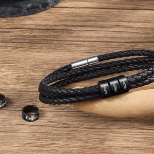 Pulsera de cuentas con nombre personalizado, pulsera de cuero trenzado para hombre, pulsera personalizada con nombre para 1 a 6 miembros de la familia, regalo para el Día del Padre