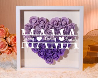 Personalized Heart Rose Flower Frame for Mama - Roses Shadow Box with Names - Custom Name Frame Decorations - Gift for Mom Mothers Day Gift